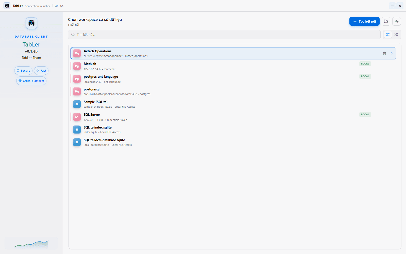 TableR connection launcher showing saved PostgreSQL connections